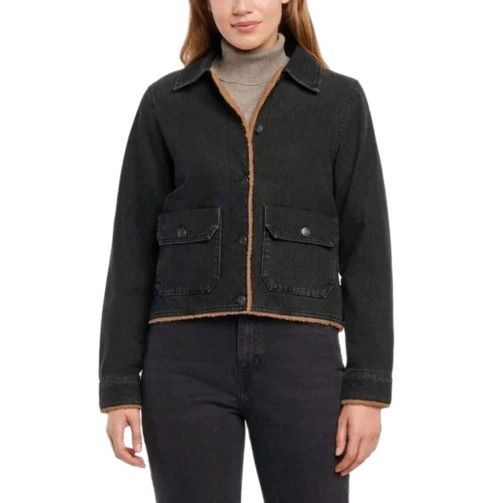 Woolrich Womens Luxe Denim Trucker Jacket Faux Shearling Lined Black Wash Size M - Picture 6 of 16